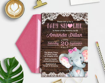 Pink Elephant Baby Shower Invitation, It's a Girl Rustic Elephant Modern Baby Shower Pink, Rustic Jungle Baby Shower Invitation, It's a girl