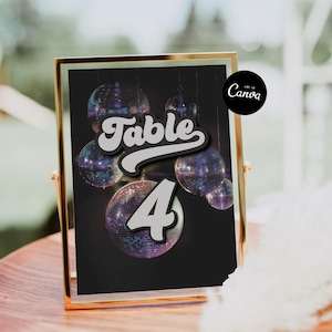 Groovy Retro Table Numbers Card Template, 70's Groovy Disco Ball Table Numbers Editable, Groovy Party Decor Table Seating Card Canva DIY