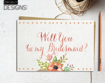 Bridesmaid Proposal Cards - Instant Download, Floral Bridesmaid Card, Digital File, Will you be my bridesmaid Card - Watercolor