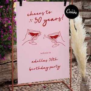 Cheers to 30 Years Welcome Sign, Aesthetic Birthday Welcome Sign, Modern Birthday Welcome Sign Template, Pink Birthday Decor, Canva
