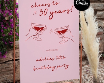 Cheers to 30 Years Welcome Sign, Aesthetic Birthday Welcome Sign, Modern Birthday Welcome Sign Template, Pink Birthday Decor, Canva