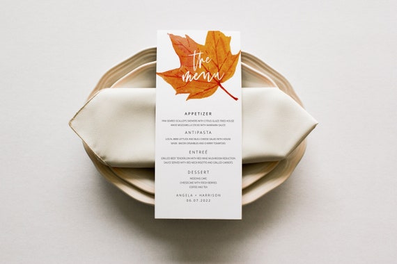 Fall Wedding Menu Template, Autumn Wedding Table Decorations, Rustic Wedding Menu Fall, Rustic Autumn Leaves, Editable Menu Template DIY