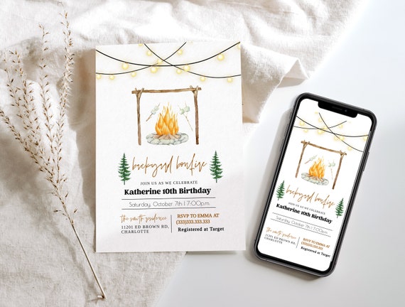 Bonfire Birthday Party Invitation, Backyard Bonfire Invitation, Editable Fall Birthday Invitation, Camping Birthday, Backyard Bonfire Invite