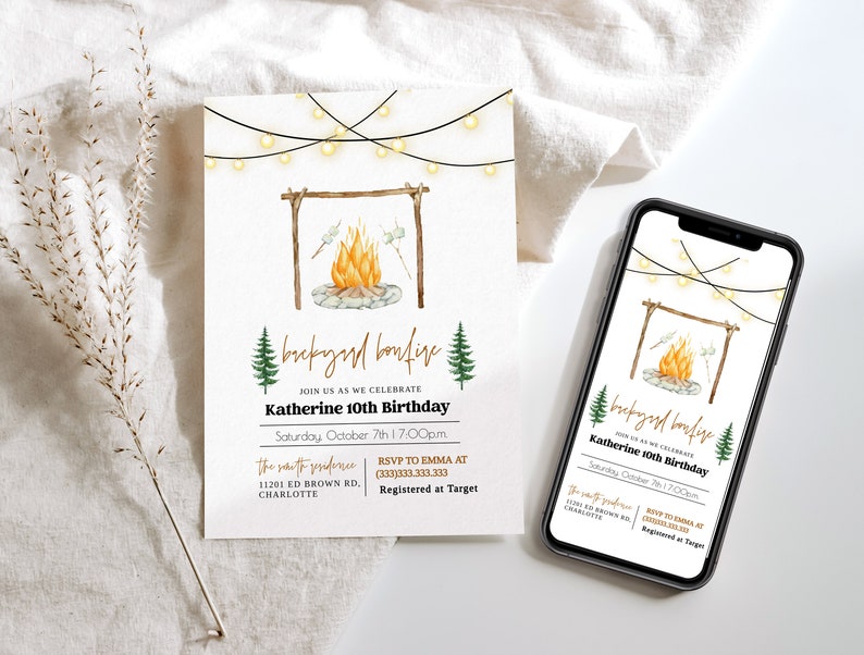 May include: A printable invitation for a 10th birthday party with a campfire theme. The invitation features a watercolor illustration of a campfire with string lights and the text "Backyard Bonfire" and "Katherine 10th Birthday".