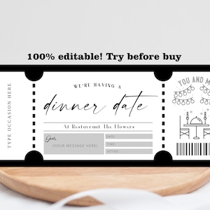 Abendessen Datum Geschenkgutschein BEARBEITBAR, Restaurant Zertifikat druckbar, Tischreservierung, Mittagessen Coupon, Datum Nacht Ticket Einladung bearbeitbar