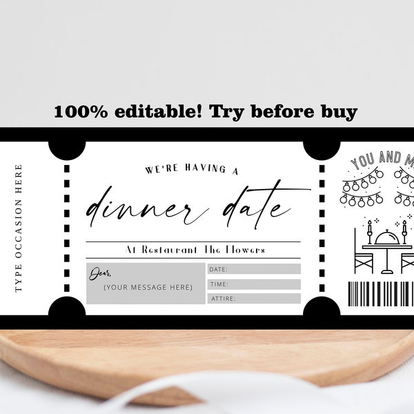 Dinner Date Gift Voucher EDITABLE, Restaurant Certificate Printable, Table Reservation, Lunch Coupon, Date Night Ticket Invitation Editable