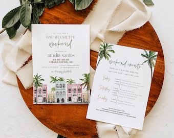 Charleston Bachelorette Invitation & Itinerary Charleston Bachelorette, Rainbow Row, Bachelorette Weekend Invitation Template, Rainbow Row