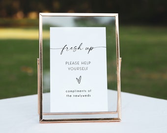 Minimalist Freshen Up Sign Template, Elegant Wedding Bathroom Sign Printable, Modern Script Toiletry Sign for Wedding Guests