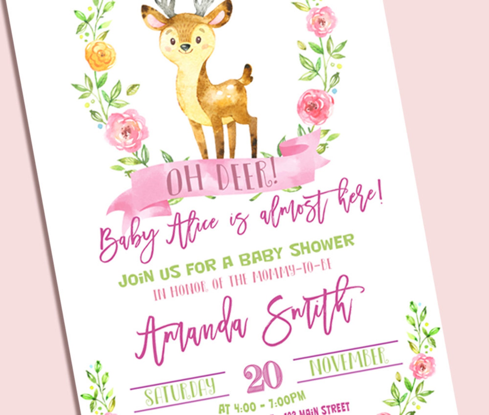 Oh Deer Baby Shower Invitation GIRL Pink Oh Deer Baby Shower Etsy