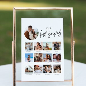 Puede incluir: Una impresi&oacute;n enmarcada con un marco de metal dorado rosa. La impresi&oacute;n presenta un collage de fotos, una por cada mes del a&ntilde;o, con las palabras "OUR first year" en una fuente manuscrita.