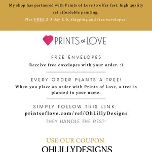 May include: A graphic with the text "WHERE TO PRINT?" and a pink heart with the text "PRINTS OF LOVE". The text below explains that the shop has partnered with Prints of Love to offer fast, high-quality, and affordable printing. It also mentions free envelopes and a 2-3 day shipping option. The text also includes a link to Prints of Love and a coupon code for 10% off.