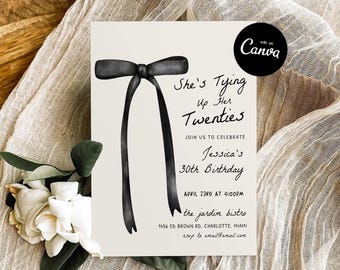 Plantilla de invitación de cumpleaños para veinteañeros, temática de fiesta de 30 años, estilo coqueto con lazo, invitación editable para fiesta, brunch de treinta años