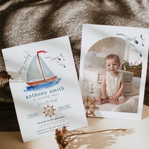 Nautical 1st Birthday Invitation, One is Fun First Birthday, Navy Birthday, Ahoy Sailor Birthday Invitation, Boy 1st Birthday Evite Text