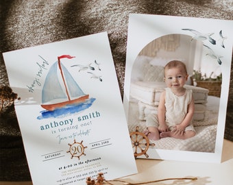 Nautical 1st Birthday Invitation, One is Fun First Birthday, Navy Birthday, Ahoy Sailor Birthday Invitation, Boy 1st Birthday Evite Text