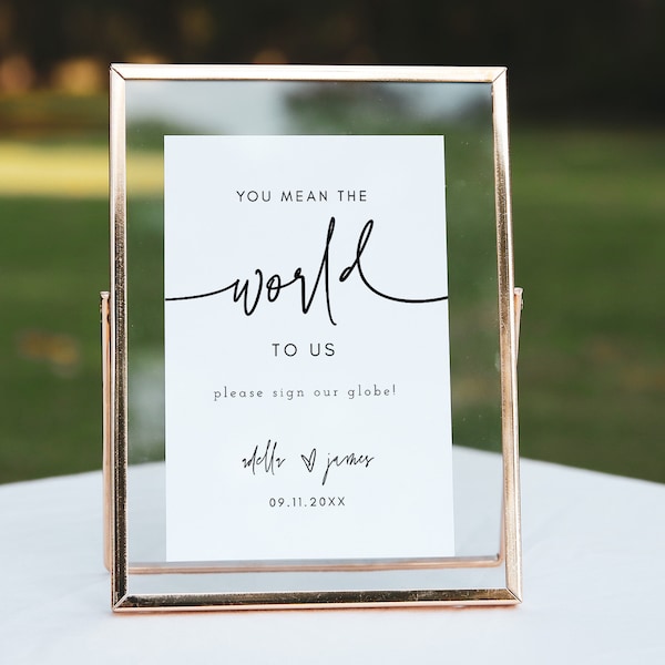 You Mean the World To Us Sign, Globe Guest Book Sign, Wedding Globe Guestbook, Editable Template, Instant Download, Templett
