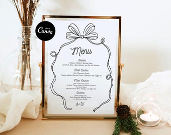 Hand Drawn Bow Menu Template, Handwritten Menu Editable Template, Whimsical Menu Card Printable Canva, Wedding Signage Download
