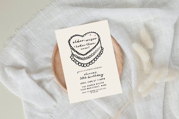 Older Wiser Hotter Birthday Invite, Unique 30th Birthday, Trendy 30th Invites, 21st Birthday Invite, Cheers to 20 Years, Heart Cake Invite