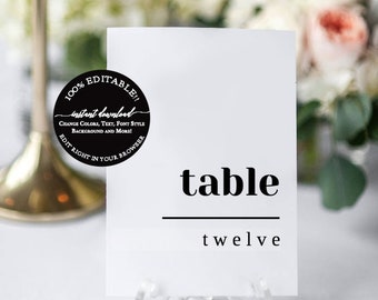 May include: A white card with black text that reads "table twelve". A black circle with white text reads "100% Editable! Instant Download! Change Colors, Text, Font Style, Background and More! Edit Right in Your Browser".