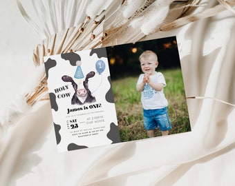 Invitación de primer cumpleaños, plantilla editable, ¡Soy uno!, invitación minimalista de fiesta de cumpleaños de vaca neutral en género, texto de Evite DIY.