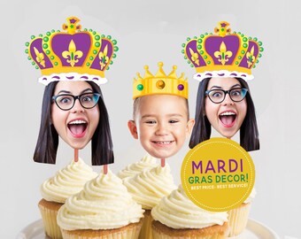 May include: Three cupcakes decorated with Mardi Gras themed toppers. The toppers feature crowns and faces. One topper says "Mardi Gras Decor! Best Price - Best Service!"