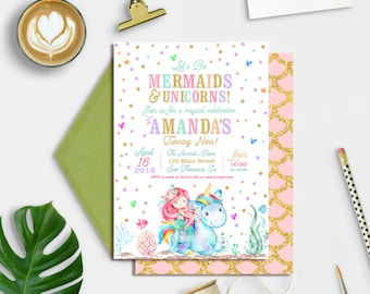 Mermaid And Unicorn Birthday Invitation, Magical Unicorn and Mermaid Invitation, Mermaid and Unicorn Birthday Theme, Mermaid Unicorn Invite