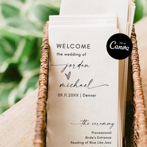Programa de boda minimalista, programa de boda de invierno, orden del servicio, programa de boda boho, plantilla editable de programa de boda moderno (Canva)