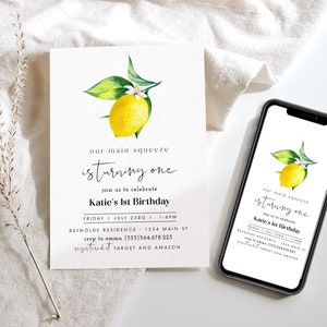 Our Main Squeeze is Turning One, Main Squeeze Lemon Birthday Invitation, Citrus 1st Birthday Invite, Summer First Birthday Evite, Editable