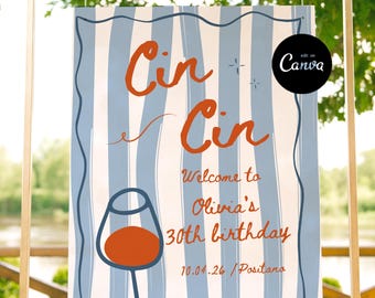 Editable Cin Cin Welcome Sign | Italian Summer brunch for birthday, engagement, bachelorette, bridal shower | Customise Canva template