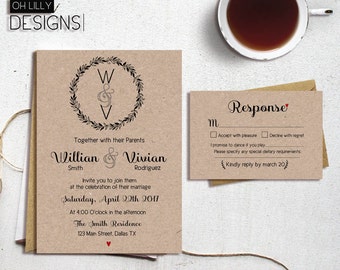 Rustic Wedding Invites, Kraft Paper Wedding Invitation Set, Printable Wedding Invitation, Rustic Wedding Invite, Wedding Suite, Wedding Set