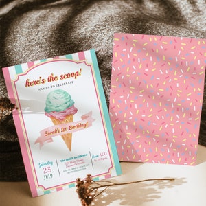Ice Cream Birthday Invitation, First Birthday Invitation Ice Cream, IceCream Invitation, Pink Ice Cream invitation, Ice Cream Party, Girl