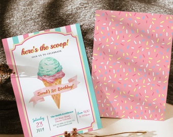Ice Cream Birthday Invitation, First Birthday Invitation Ice Cream, IceCream Invitation, Pink Ice Cream invitation, Ice Cream Party, Girl