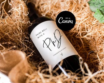 Graduation PHD Gift, Graduation Wine Label Template Download, Pairs Well with PhD, PhD Wine Label, Gift for PhD, Gift for Doctors, Editable