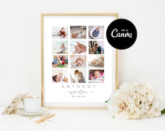 Editable First Year Photo Collage Template, 12 Month Photo Collage, 1st Birthday Collage Canva, Girl 1st Birthday decorations Printable