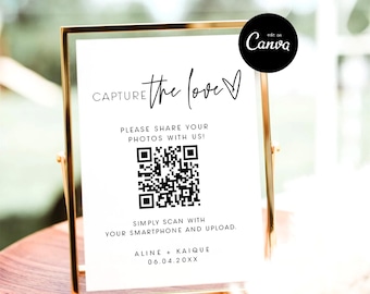 ELLIA | Capture the Love QR code Sign, Modern Wedding Reception Table Sign, Minimalist Wedding Photo Sign, Wedding QR Code, Share the Love