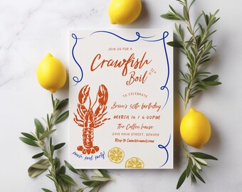 Puede incluir: Una tarjeta de invitación blanca con acentos azules y rojos. La tarjeta presenta una ilustración de cangrejo de río y un texto que dice "Join us for a Crawfish Boil to celebrate Brian's 50th birthday, March 14 / 4:00 PM, The Collen house, 2345 Main Street, Denver, RSVP to Email@email.com".