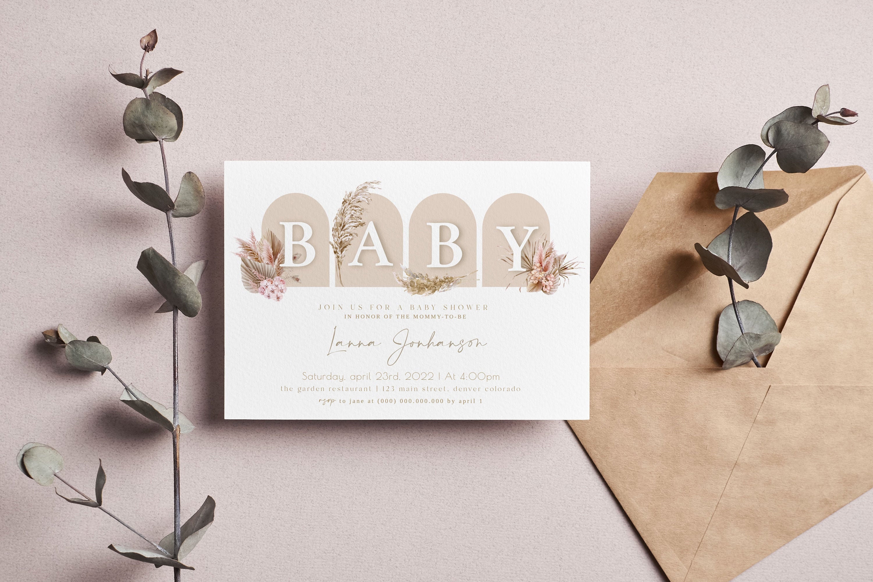 Simple Baby Shower Invitation Beige Baby Shower Editable Etsy