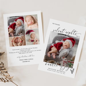 Plantilla de anuncio de nacimiento de Navidad, tarjeta navideña imprimible de We Traded Silent Nights, tarjeta de felicitación con foto de bebé editable, descarga instantánea
