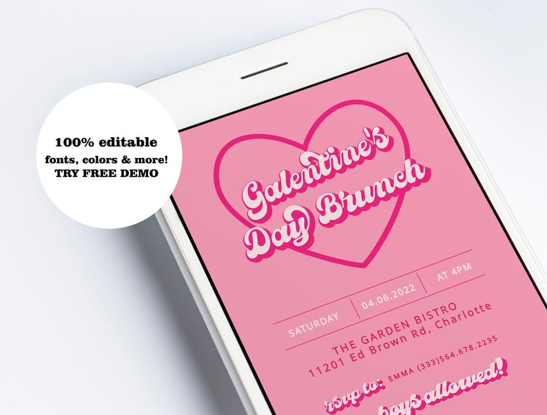 May include: A pink and white digital invitation for a Galentine's Day Brunch on Saturday, June 4th, 2022 at 4 PM. The invitation includes the location, "THE GARDEN BISTRO, 11201 Ed Brown Rd, Charlotte", and the RSVP information, "rsvp to: EMMA (333)564.678.2235". The invitation also includes the text "boys allowed!"
