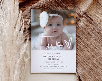 Girl 2nd Birthday Invitations, Editable Two Sweet Invite, Second Birthday Invitation Girl Photo, Elegant Simple Two Birthday Evite Digital