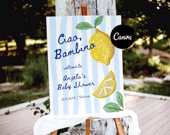 Ciao Bambino Welcome Sign, Italian Baby Shower Welcome, Ciao Baby Welcome sign Editable, Boy Baby Shower Signage Printable Blue Lemon Citrus