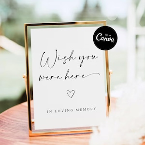 May include: A gold-framed sign with the text "Wish you were here" in elegant script, a heart symbol, and the words "IN LOVING MEMORY" below. The sign is on a wooden surface and includes a Canva logo.