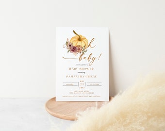 Oh Baby, Little Pumpkin Baby Shower Invitation, Editable Minimalist Baby Shower Invite, Gender Neutral, Fall Pumpkin Baby Shower Invite