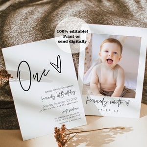 ELLIA | Minimalist First Birthday Invitation Template, 1st Birthday Invitation, Modern First Birthday, One Birthday Invitation with Photo