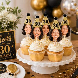 Golden Face Cupcake Toppers Printable, Photo Cupcake Toppers 30th 40th 50th Printable, Thirty Cupcake Toppers Download, Black & Gold Decor image 5