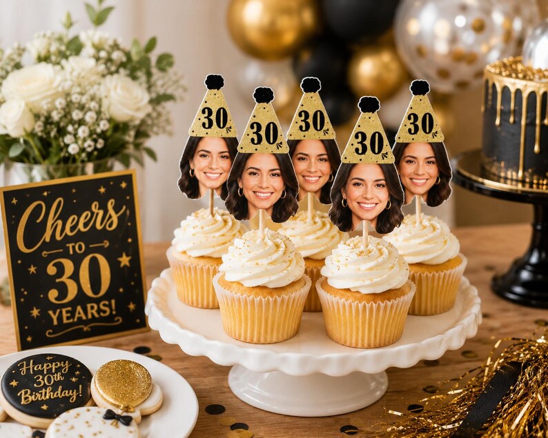 Golden Face Cupcake Toppers Printable, Photo Cupcake Toppers 30th 40th 50th Printable, Thirty Cupcake Toppers Download, Black & Gold Decor image 5
