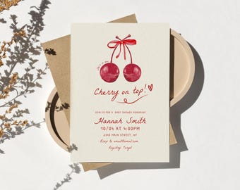 Editable Cherry on Top Baby Shower Invitation Template, Hand Drawn Cherry Girl Baby Shower Invite, She's The Cherry on Top Invitation