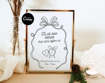 To All The Love Stories That Came Before Us Sign, Whimsical Wedding Memorial Table Decor, Thank You For Showing Us The Way Canva Signs