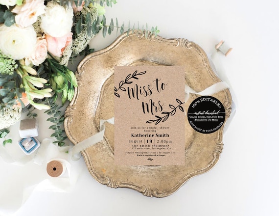 Rustic Bridal Shower Invitation Template, Miss To Mrs Invitation Printable, Editable Bridal Shower Invitation, INSTANT DOWNLOAD, Templett