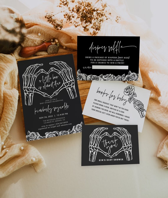 Halloween Baby Shower Invitation Bundle, Gothic Baby Shower Invitation, Skull Baby Shower Invitation, A little Boo is Almost Due, Editable