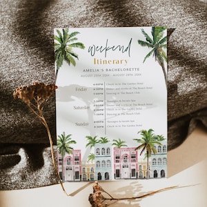 May include: A weekend itinerary for a bachelorette party in a tropical location. The itinerary includes activities like check-in to The Garden Hotel, dinner and drinks at The Beach Hotel, dancing at The Beach Club, massages and facials, and more.